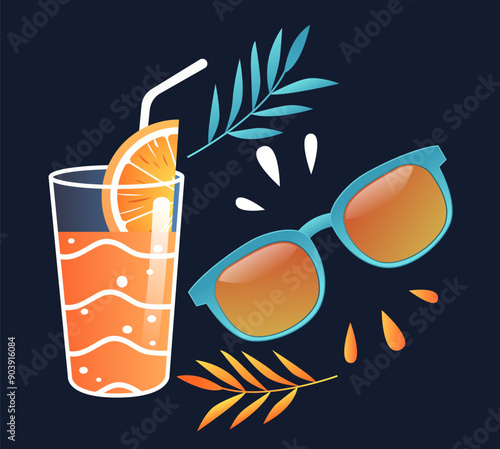 Summer drink with orange slice sunglasses tropical leaves dark background