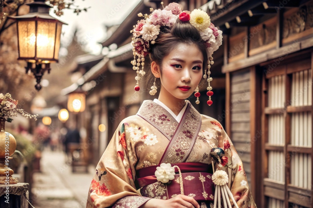 A Japanese girl in a traditional national costume - a kimono. Against the background of houses, lanterns and cherry trees. The portrait symbolizes the traditions and culture of the people of Japan. A Japanese girl in a traditional national costume - a kimono. Against the background of houses, lanterns and cherry trees. The portrait symbolizes the traditions and culture of the people of Japan.