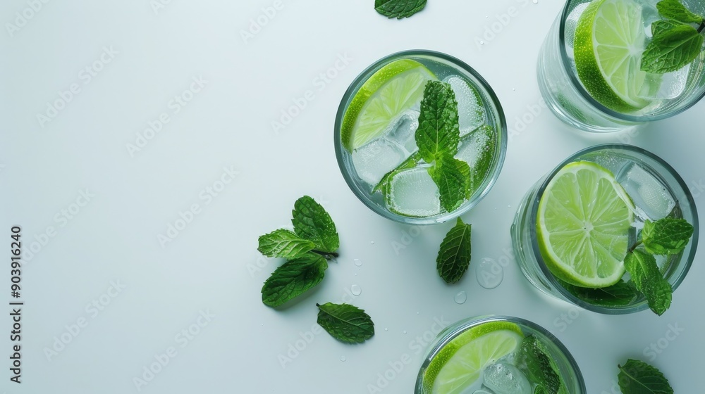 Mint and lime drink on white surface Mint and lime drink on white surface