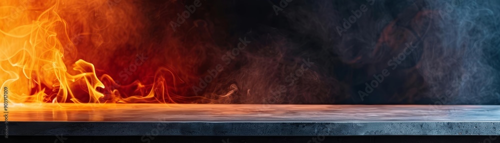 Fototapeta premium Blank table with fire and smoke, showcasing products in a fiery environment, Dramatic, Vivid colors, Contrasting lighting