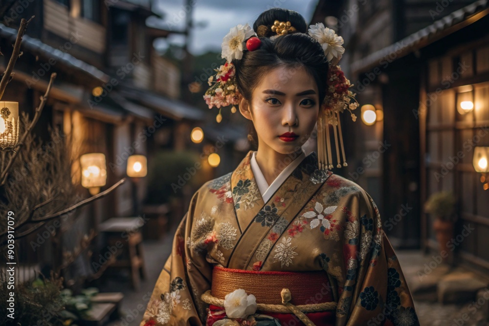 Fototapeta premium A Japanese girl in a traditional national costume - a kimono. Against the background of houses, lanterns and cherry trees. The portrait symbolizes the traditions and culture of the people of Japan.