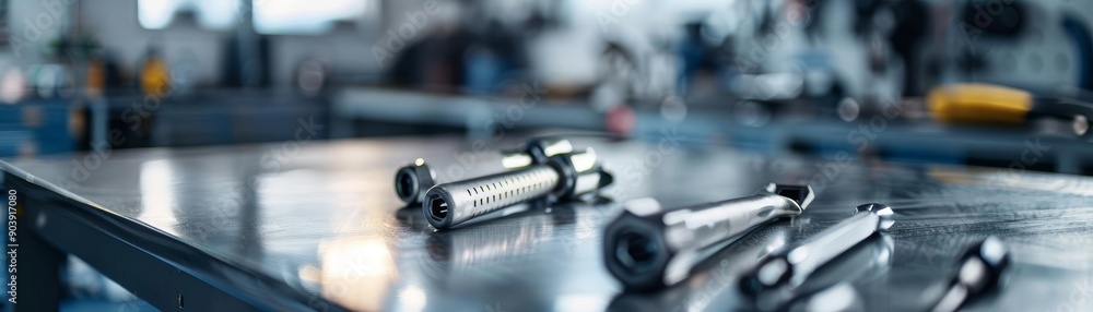 Blurred automotive workshop tools, metal tabletop in focus, promoting car products, Professional, Cool tones, High-detail Blurred automotive workshop tools, metal tabletop in focus, promoting car products, Professional, Cool tones, High-detail