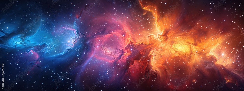 Obraz premium Cosmic Tapestry: A panoramic view of the universe, showcasing galaxies of various shapes and sizes, nebulae in vibrant colors, and star clusters twinkling against a deep black backdrop.unknown.