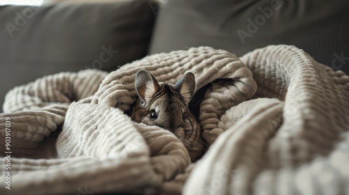 Chinchilla wrapped in a cozy blanket. Warm and cute.