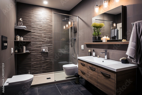 A contemporary small bathroom featuring a sleek glass-enclosed shower, floating vanity with dual sinks, modern fixtures, and textured tile walls. photo