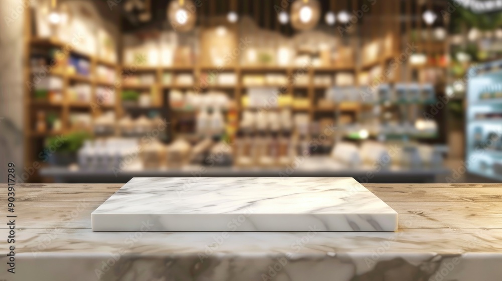 Mockup marble board on table in front of blurred store for displaying products Mockup marble board on table in front of blurred store for displaying products