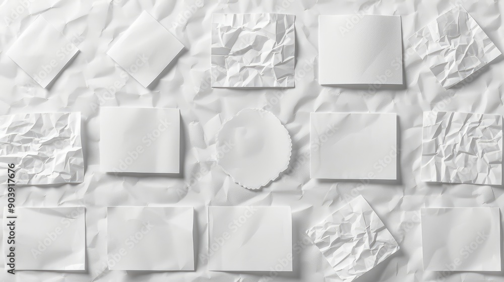 Mockup of white stickers with blank labels in various shapes on crumpled paper emblems isolated on white background Mockup of white stickers with blank labels in various shapes on crumpled paper emblems isolated on white background