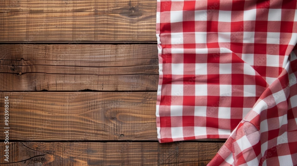 Red and white checkered tablecloth on wooden background, suitable for picnic themes, Traditional, Charming, Relaxed Red and white checkered tablecloth on wooden background, suitable for picnic themes, Traditional, Charming, Relaxed