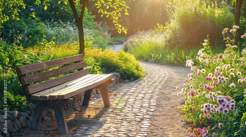 Cobblestone garden path leading to a wooden bench, surrounded by lush green plants and blooming flowers. Peaceful garden walk concept. Cobblestone garden path leading to a wooden bench, surrounded by lush green plants and blooming flowers. Peaceful garden walk concept.