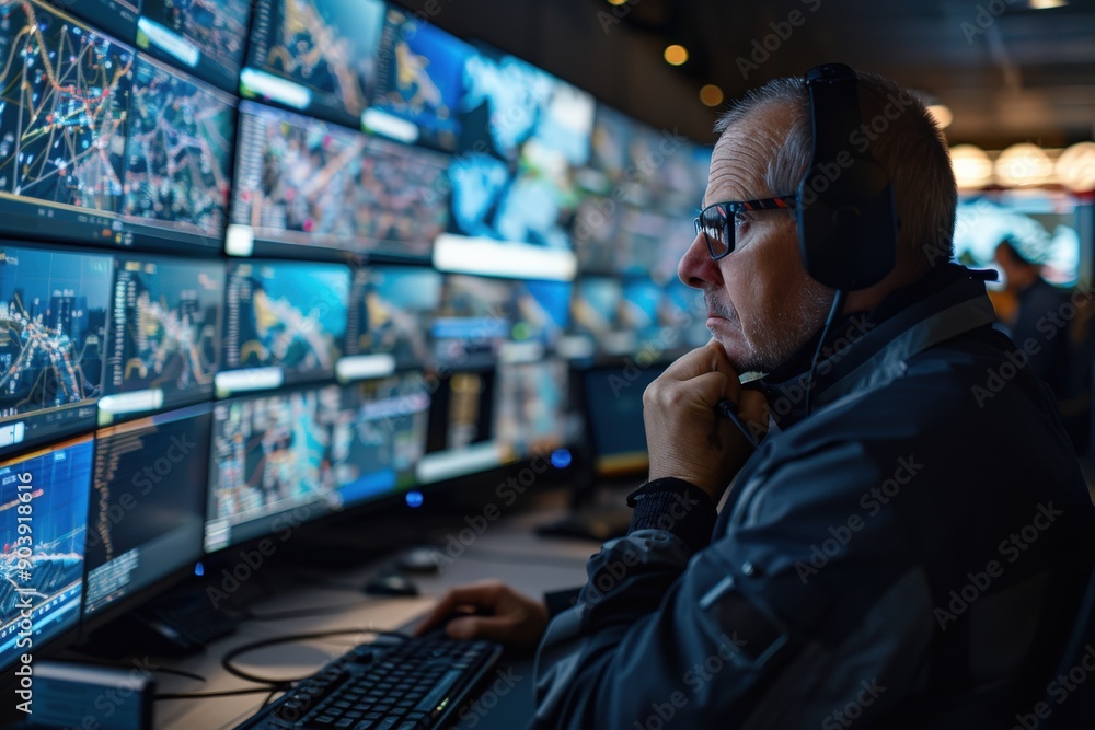 An individual is intently observing several monitors displaying complex data and charts in a high-tech control room, signifying modern technology and vigilance. An individual is intently observing several monitors displaying complex data and charts in a high-tech control room, signifying modern technology and vigilance.