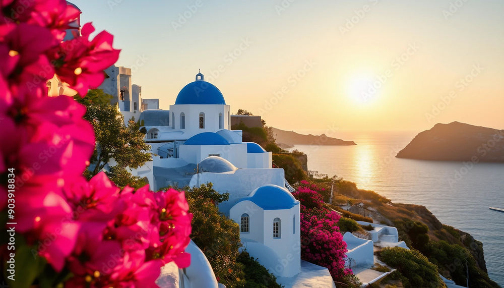 Obraz premium A stunning coastal village with pristine whitewashed buildings and blue-domed churches, perched on cliffs overlooking a crystal-clear turquoise sea.