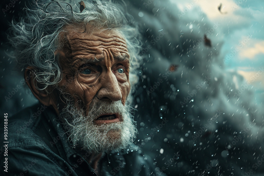 Scary storm day, person in danger under tsunami storm thunderstorm lightning, Generative AI Scary storm day, person in danger under tsunami storm thunderstorm lightning, Generative AI