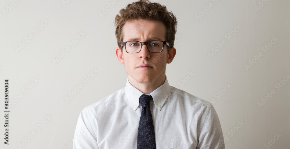European Man in Nerdy Attire Working on White Background European Man in Nerdy Attire Working on White Background