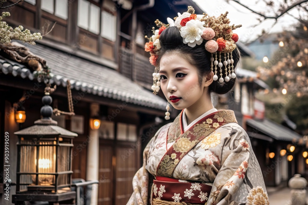 A Japanese girl in a traditional national costume - a kimono. Against the background of houses, lanterns and cherry trees. The portrait symbolizes the traditions and culture of the people of Japan. A Japanese girl in a traditional national costume - a kimono. Against the background of houses, lanterns and cherry trees. The portrait symbolizes the traditions and culture of the people of Japan.