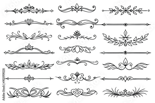 Captivating collection of hand-drawn dividers, featuring whimsical swirls, elegant flourishes, and intricate geometric patterns, adding a touch of flair to any design.