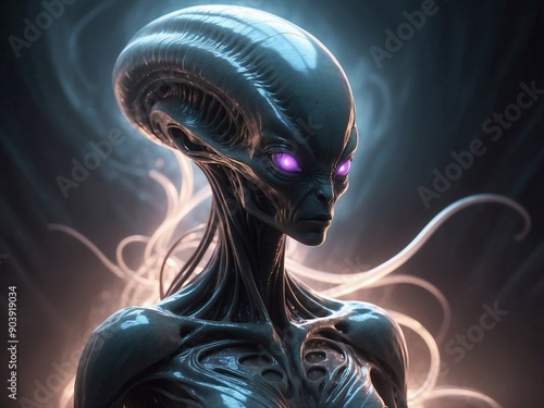 Alien Enigma: A mesmerizing portrait of an extraterrestrial being with ethereal glow and piercing purple eyes.  The intricate details and haunting beauty evoke a sense of mystery and wonder.  This dig