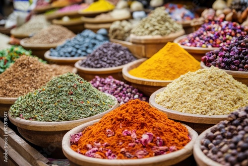 Assortment of Spices in Wooden Bowls at a Market Stall