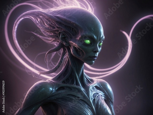 Ethereal Alien with Glowing Aura: A mesmerizing portrait of a female alien with green eyes, rendered in intricate detail. Her skin is a vibrant green, with intricate veins and a shimmering, ethereal a