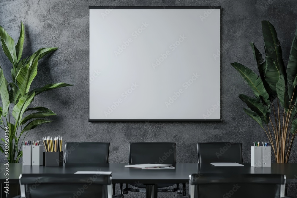 a large blank canvas hanging over a table in a modern office conference room - art mock-up template a large blank canvas hanging over a table in a modern office conference room - art mock-up template