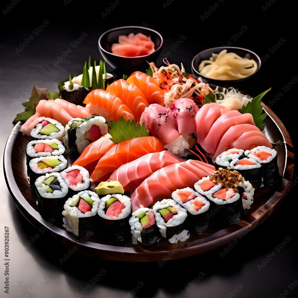 Artfully Presented Japanese Sushi Platter with Nigiri, Maki, and Sashimi Artfully Presented Japanese Sushi Platter with Nigiri, Maki, and Sashimi