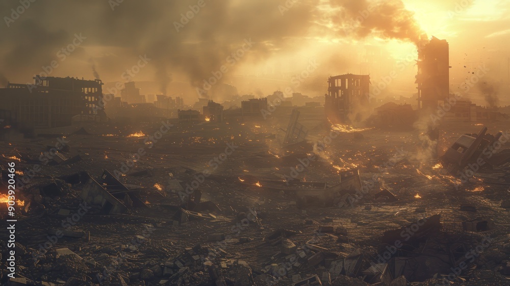 Fototapeta premium A haunting depiction of a post-apocalyptic abandoned city, with destroyed buildings looming amidst a landscape of burning rubble, the air thick with pollution and smoke