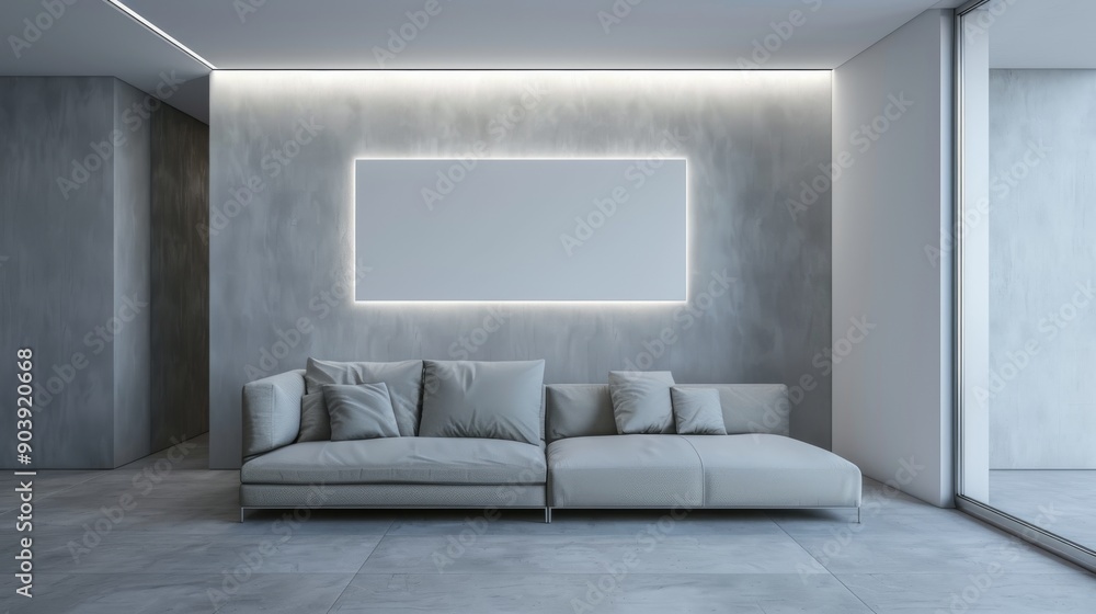 Fototapeta premium Minimalist Living Room with Blank Picture Frame Above Modern Sofa