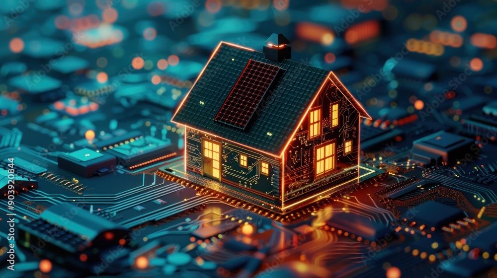 A house is built on a circuit board. The house is lit up with lights and has a solar panel on the roof A house is built on a circuit board. The house is lit up with lights and has a solar panel on the roof