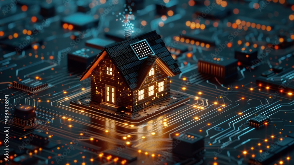 A house is built on a circuit board. The house is lit up with lights and has a solar panel on the roof A house is built on a circuit board. The house is lit up with lights and has a solar panel on the roof