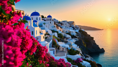 A stunning coastal village with pristine whitewashed buildings and blue-domed churches, perched on cliffs overlooking a crystal-clear turquoise sea.