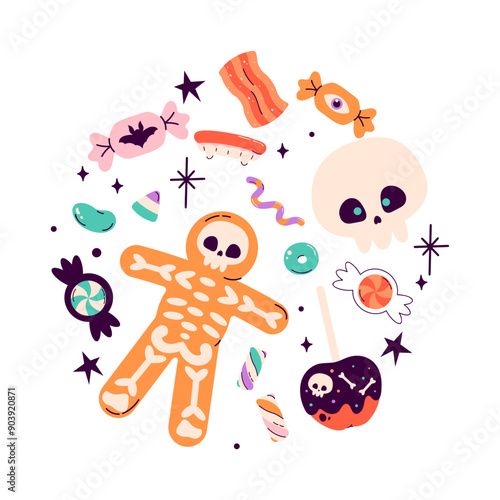 Halloween card with sweets, skeleton. Happy Halloween, Halloween for kids. Vector illustration in flat style 