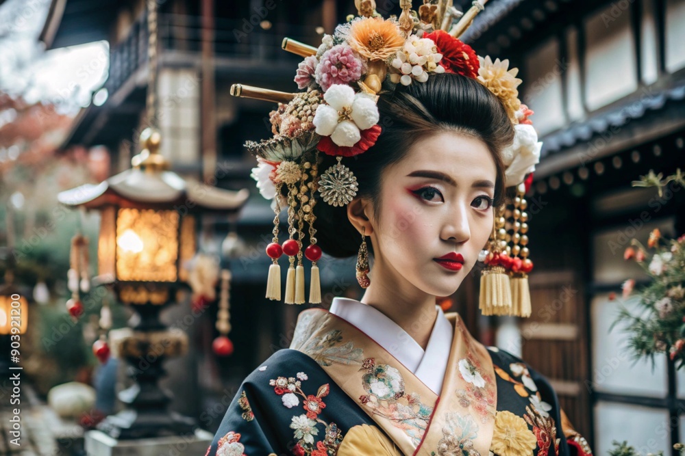 A Japanese girl in a traditional national costume - a kimono. Against the background of houses, lanterns and cherry trees. The portrait symbolizes the traditions and culture of the people of Japan. A Japanese girl in a traditional national costume - a kimono. Against the background of houses, lanterns and cherry trees. The portrait symbolizes the traditions and culture of the people of Japan.