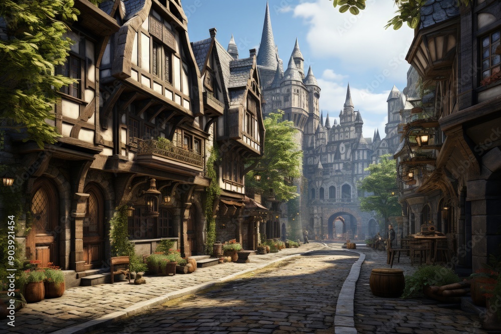 A bustling medieval town with cobblestone streets A bustling medieval town with cobblestone streets