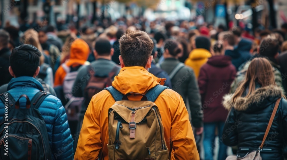 A large crowd of people walking down a street. The man in the orange jacket is the only one who is not wearing a backpack A large crowd of people walking down a street. The man in the orange jacket is the only one who is not wearing a backpack
