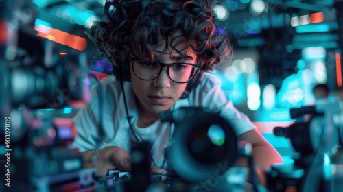 A young scientist wearing glasses in a high-tech lab, working intently with scientific equipment, exuding curiosity and innovation in a vibrant environment with dynamic lighting.