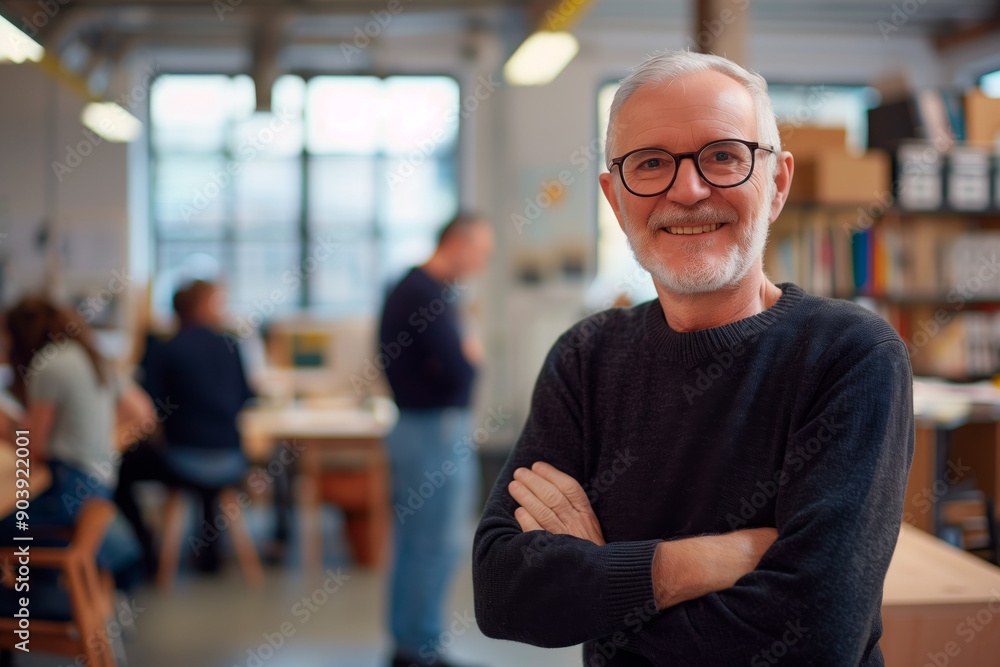 A smiling senior man with glasses and a beard stands confidently in a creative office environment, surrounded by colleagues working in the background.
A smiling senior man with glasses and a beard stands confidently in a creative office environment, surrounded by colleagues working in the background.