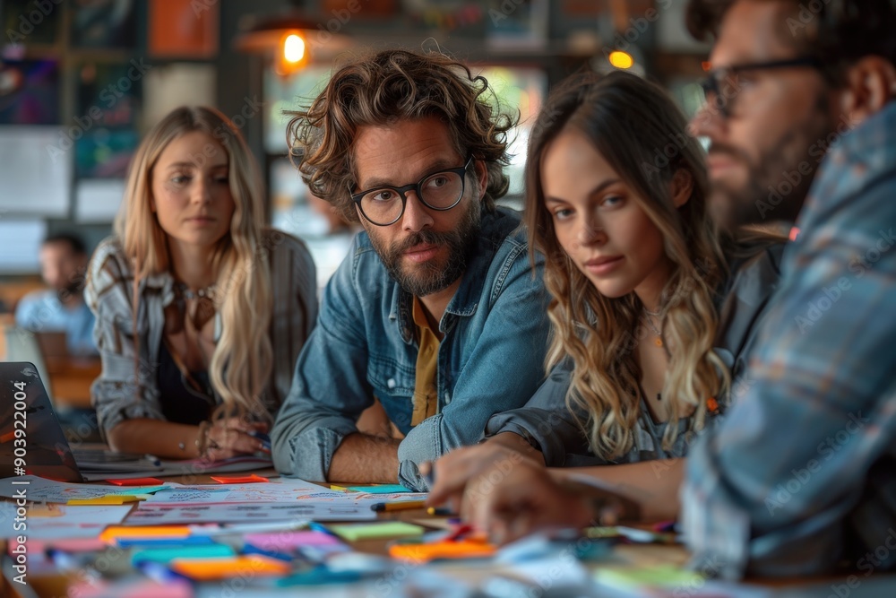 Fototapeta premium A group of four young people in casual clothing are intensely discussing ideas around a table filled with colorful notes and papers in a dynamically lit, creative workspace.