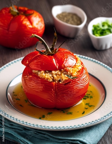 Turkish traditional food stuffed tomatoes with olive oil stuffed with rice
 photo