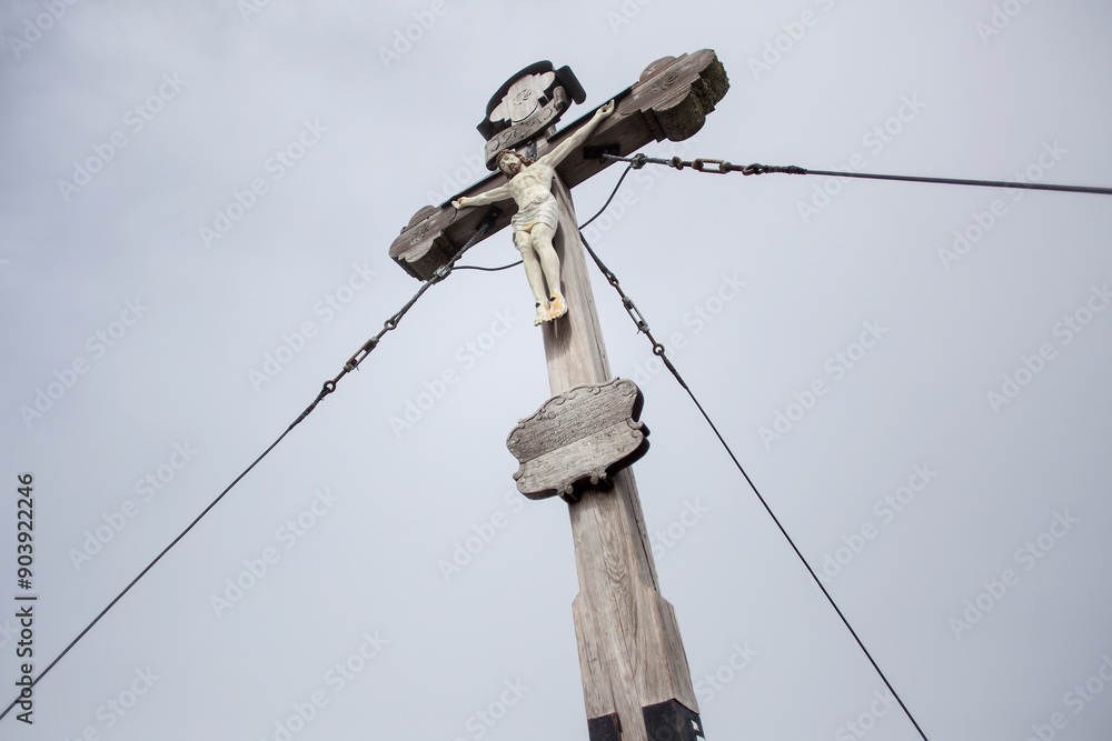 Obraz premium Breitenstein mountain summit cross in Bavaria, Germany