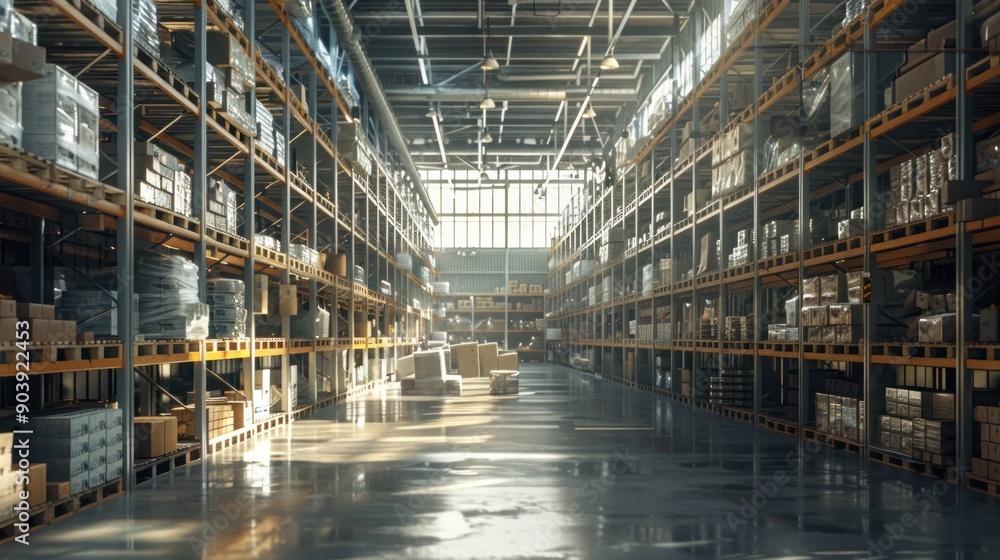 A large warehouse with many shelves and boxes. The space is very open and bright, with a lot of light coming in from the windows. Scene is one of efficiency and productivity A large warehouse with many shelves and boxes. The space is very open and bright, with a lot of light coming in from the windows. Scene is one of efficiency and productivity