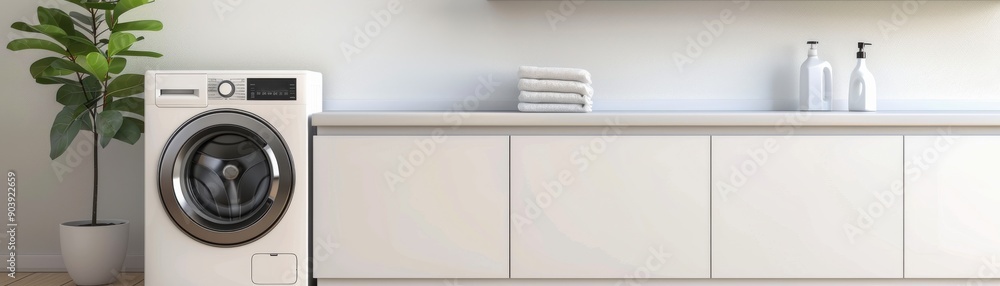 A modern laundry room featuring a washing machine and neat storage cabinets, creating a clean and organized space. A modern laundry room featuring a washing machine and neat storage cabinets, creating a clean and organized space.