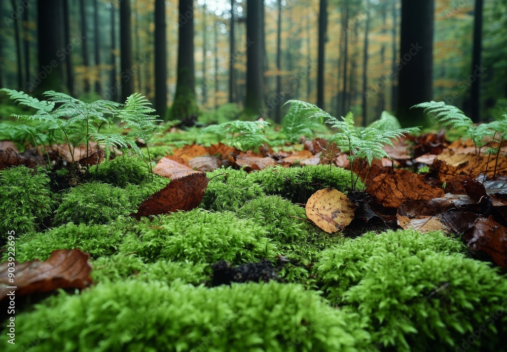 Obraz premium A rich, detailed shot of the forest floor, featuring a thick carpet of moss, newly sprouted ferns, and a mix of fallen leaves in various stages of decay