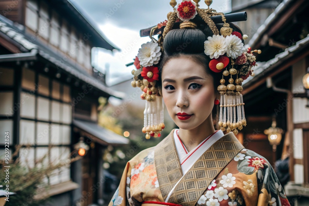 A Japanese girl in a traditional national costume - a kimono. Against the background of houses, lanterns and cherry trees. The portrait symbolizes the traditions and culture of the people of Japan. A Japanese girl in a traditional national costume - a kimono. Against the background of houses, lanterns and cherry trees. The portrait symbolizes the traditions and culture of the people of Japan.