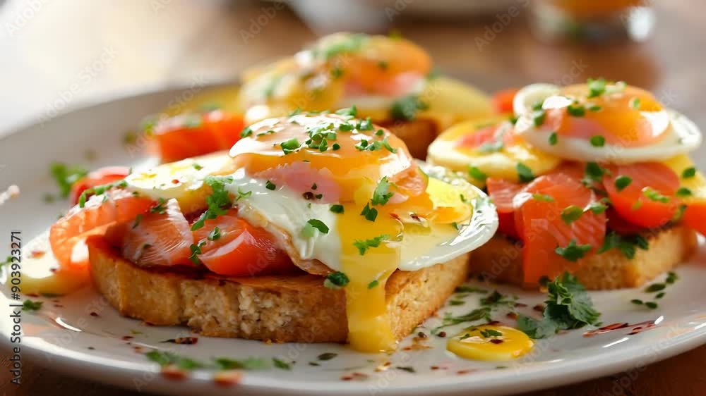 Delicious salmon eggs benedict on toasted bread with herbs Delicious salmon eggs benedict on toasted bread with herbs