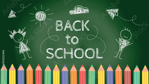 Back to school chalkboard banner. Educational green board with children's drawings with chalk and colored pencils. Back to school banner with pencils