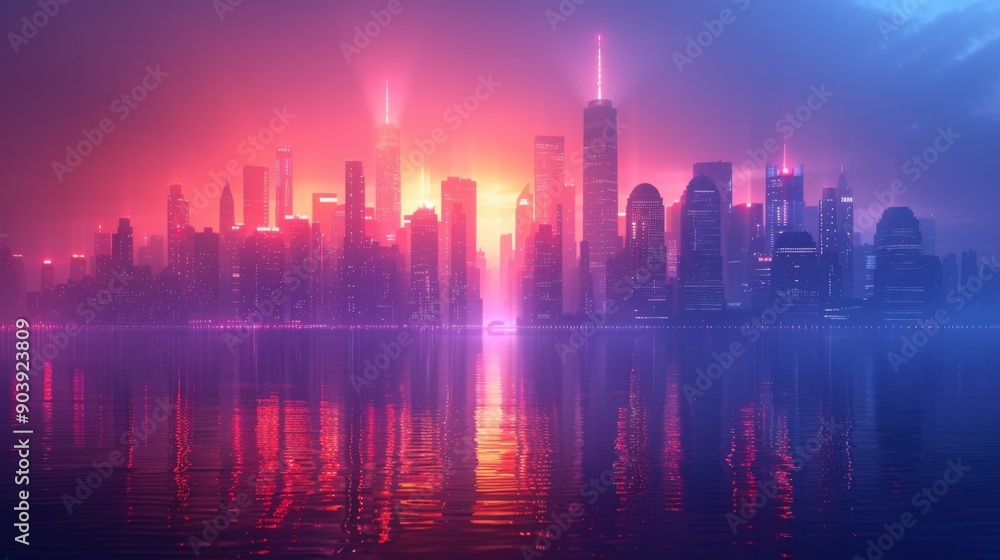 Fototapeta premium Buildings are reflected in the water of a city at night