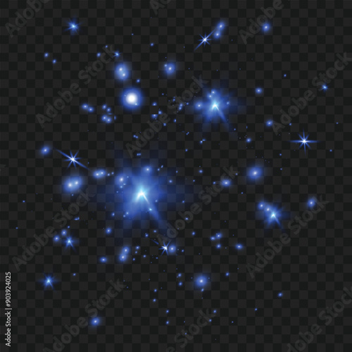 White sparkles and star clusters on a dark, transparent background. Vector