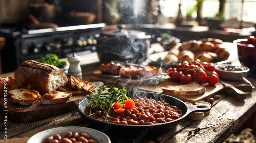 Obraz premium Sizzling English Breakfast Delight A Rustic Feast of Baked Beans and Grilled Tomatoes on a Farmhouse Table