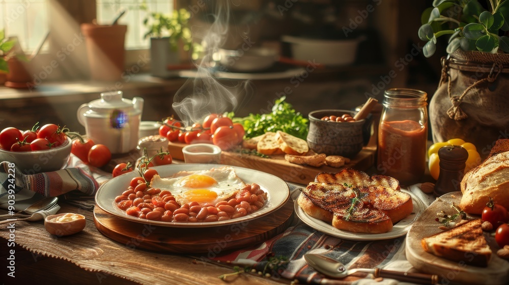 Sizzling English Breakfast Delight A Rustic Feast of Baked Beans and Grilled Tomatoes on a Farmhouse Table Sizzling English Breakfast Delight A Rustic Feast of Baked Beans and Grilled Tomatoes on a Farmhouse Table