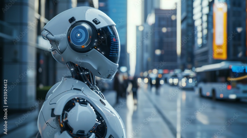 Futuristic Robot in Urban Landscape - AI Technology Among Us Futuristic Robot in Urban Landscape - AI Technology Among Us