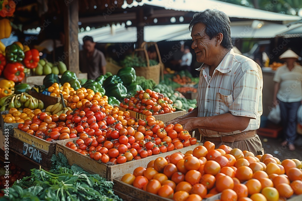 Market vendor arranging crates of vibrant red and orange tomatoes among other fresh vegetables, showcasing the abundance and variety available in the busy outdoor market. Market vendor arranging crates of vibrant red and orange tomatoes among other fresh vegetables, showcasing the abundance and variety available in the busy outdoor market.
